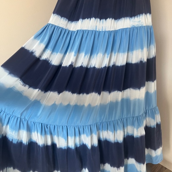 Gerard Darel Silk Maxi Navy Blue Striped Tiered Cocktail Flowy Printed Dress 6 - Picture 4 of 13